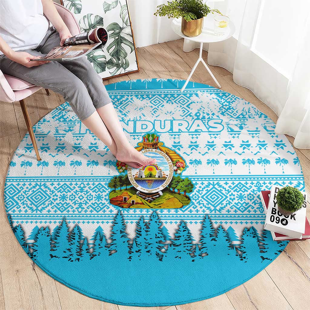 Honduras Christmas Round Carpet with National Emblem Palm Trees and Snowflake Pattern Design - Wonder Print Shop