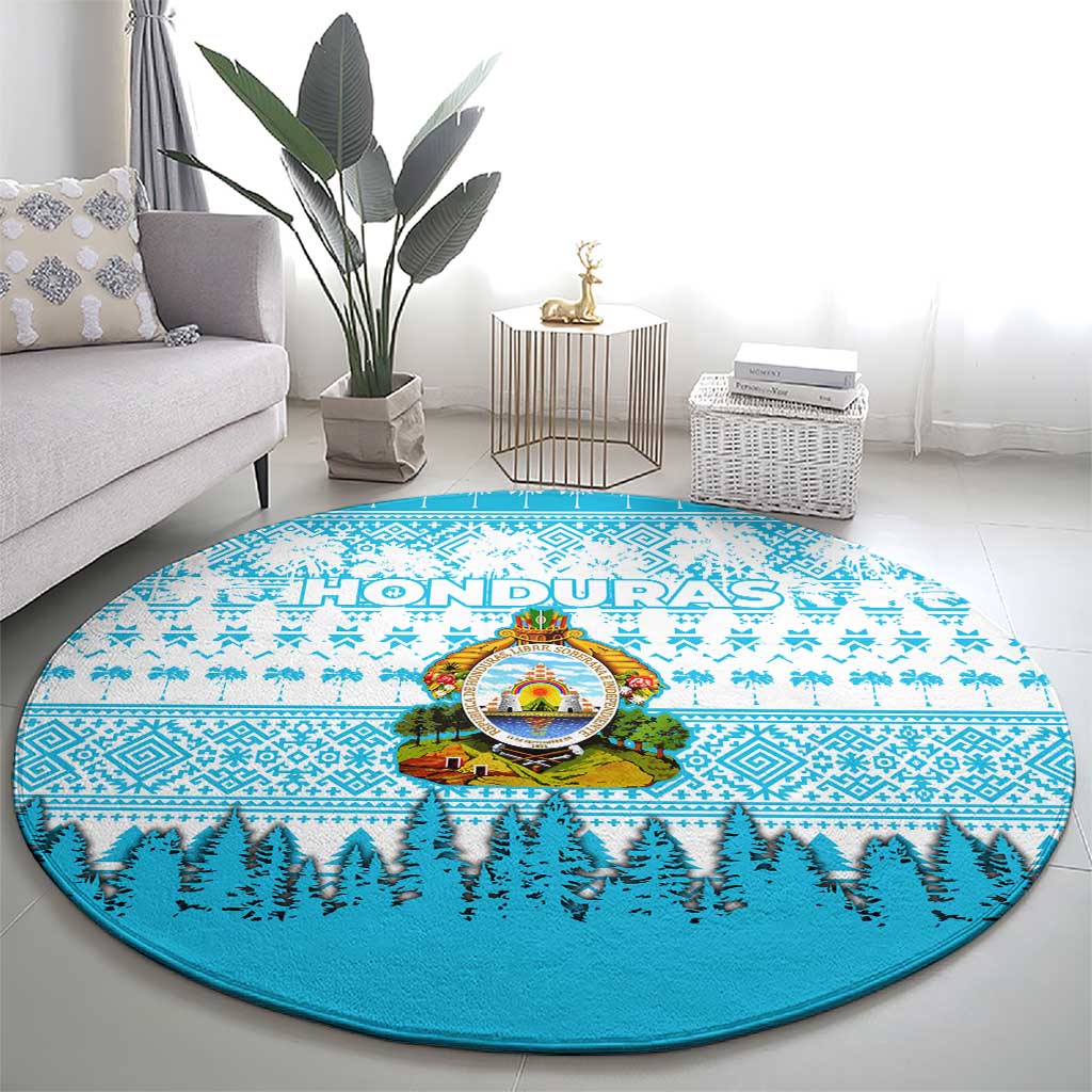 Honduras Christmas Round Carpet with National Emblem Palm Trees and Snowflake Pattern Design - Wonder Print Shop