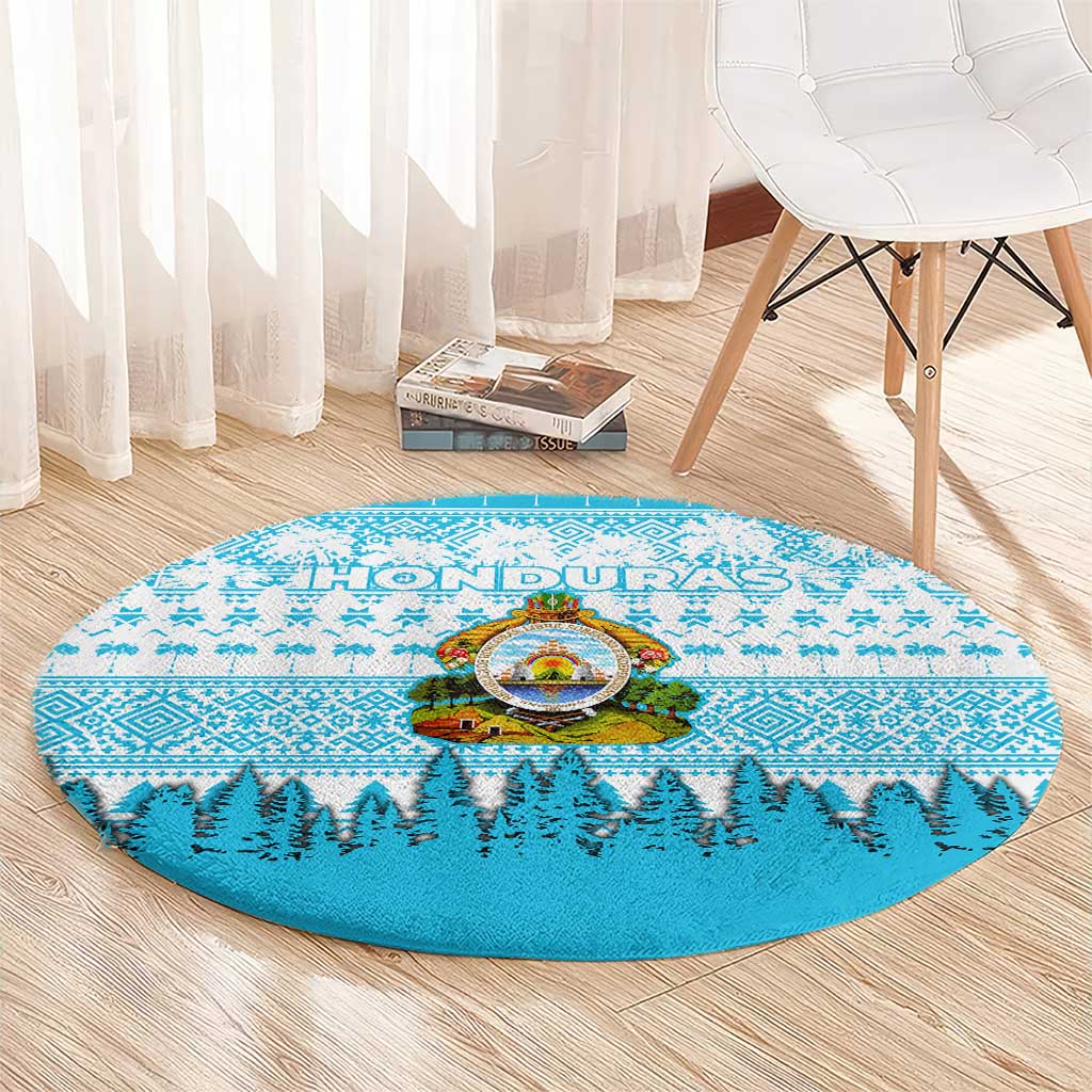 Honduras Christmas Round Carpet with National Emblem Palm Trees and Snowflake Pattern Design - Wonder Print Shop