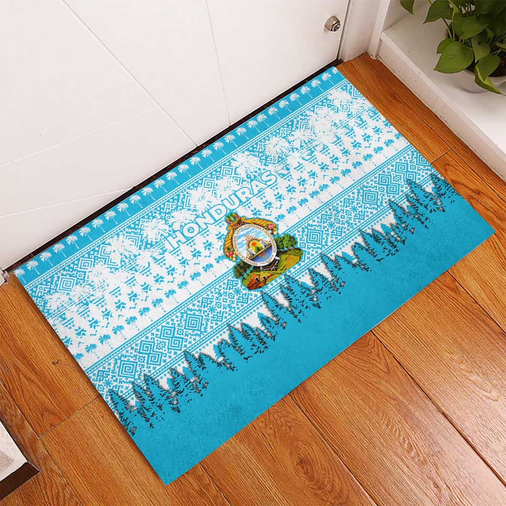 Honduras Christmas Rubber Doormat with National Emblem Palm Trees and Snowflake Pattern Design - Wonder Print Shop
