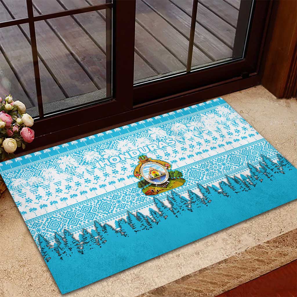 Honduras Christmas Rubber Doormat with National Emblem Palm Trees and Snowflake Pattern Design - Wonder Print Shop