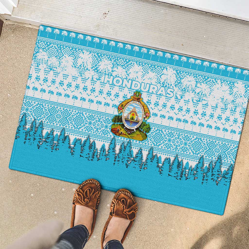 Honduras Christmas Rubber Doormat with National Emblem Palm Trees and Snowflake Pattern Design - Wonder Print Shop