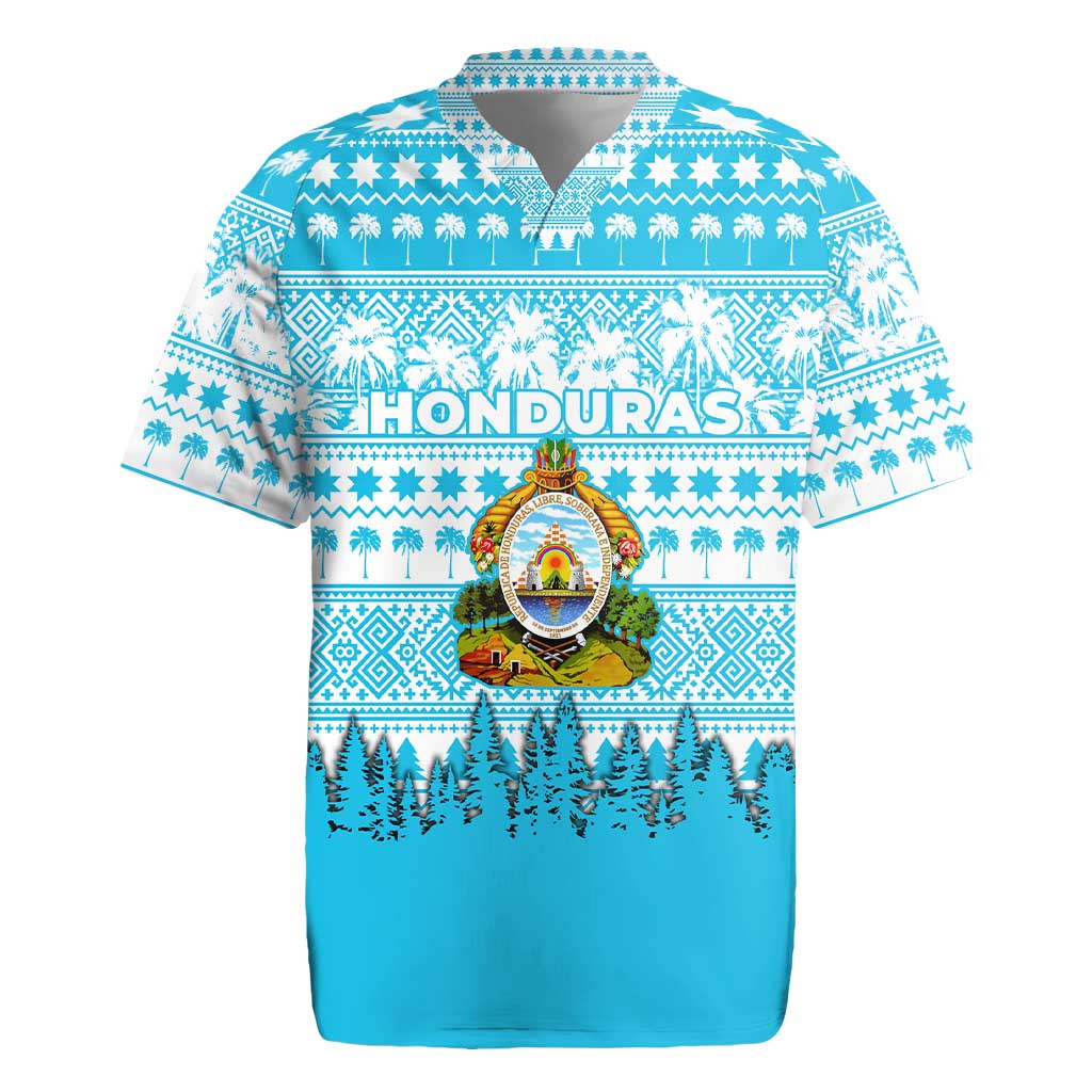 Honduras Christmas Rugby Jersey with National Emblem Palm Trees and Snowflake Pattern Design - Wonder Print Shop