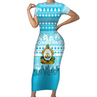 Honduras Christmas Short Sleeve Bodycon Dress with National Emblem Palm Trees and Snowflake Pattern Design - Wonder Print Shop