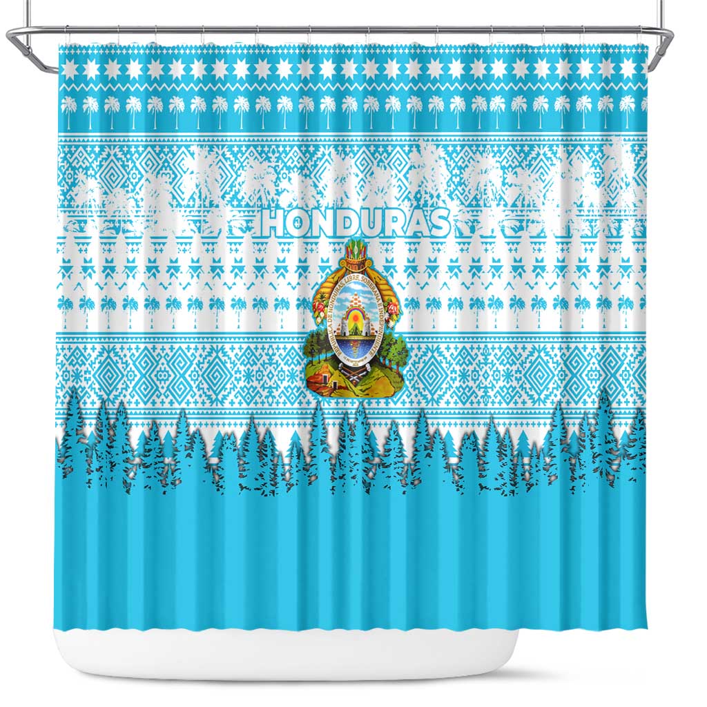 Honduras Christmas Shower Curtain with National Emblem Palm Trees and Snowflake Pattern Design - Wonder Print Shop