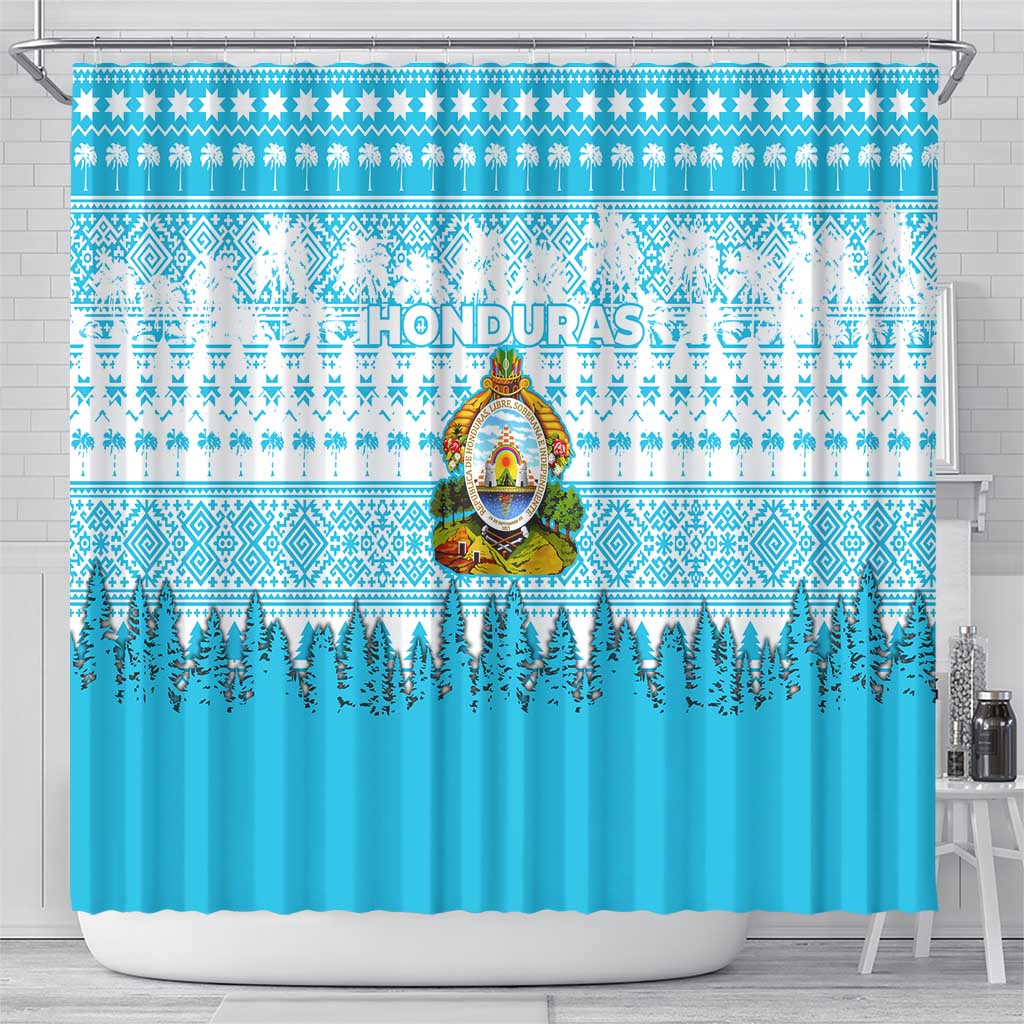 Honduras Christmas Shower Curtain with National Emblem Palm Trees and Snowflake Pattern Design - Wonder Print Shop