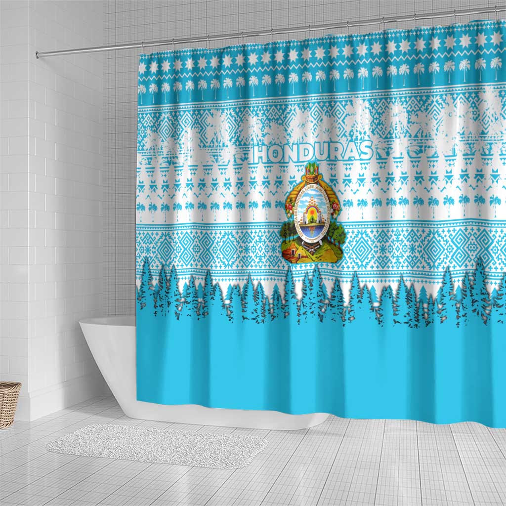 Honduras Christmas Shower Curtain with National Emblem Palm Trees and Snowflake Pattern Design - Wonder Print Shop