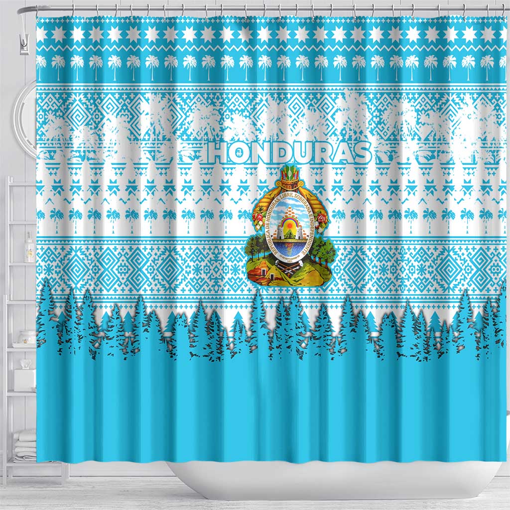 Honduras Christmas Shower Curtain with National Emblem Palm Trees and Snowflake Pattern Design - Wonder Print Shop