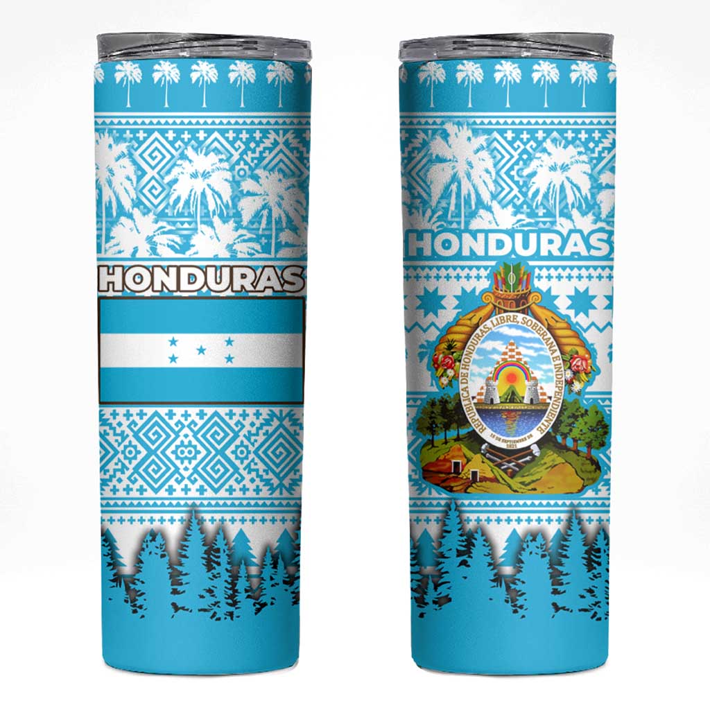 Honduras Christmas Skinny Tumbler with National Emblem Palm Trees and Snowflake Pattern Design - Wonder Print Shop