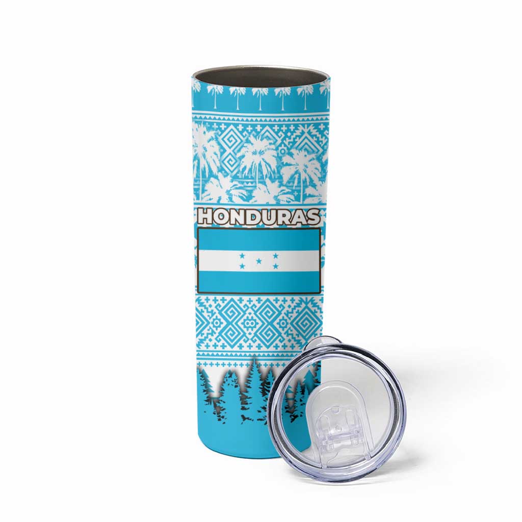 Honduras Christmas Skinny Tumbler with National Emblem Palm Trees and Snowflake Pattern Design - Wonder Print Shop