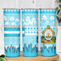 Honduras Christmas Skinny Tumbler with National Emblem Palm Trees and Snowflake Pattern Design - Wonder Print Shop