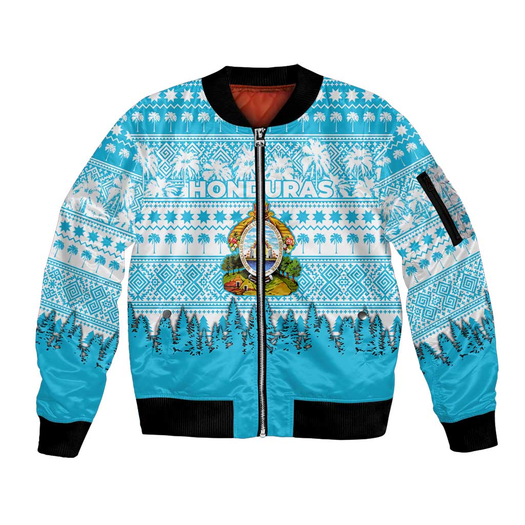 Honduras Christmas Sleeve Zip Bomber Jacket with National Emblem Palm Trees and Snowflake Pattern Design - Wonder Print Shop