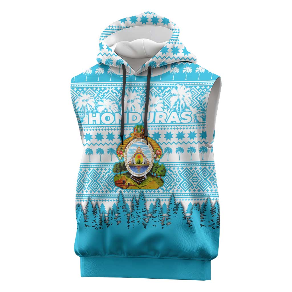 Honduras Christmas Sleeveless Hoodie with National Emblem Palm Trees and Snowflake Pattern Design - Wonder Print Shop