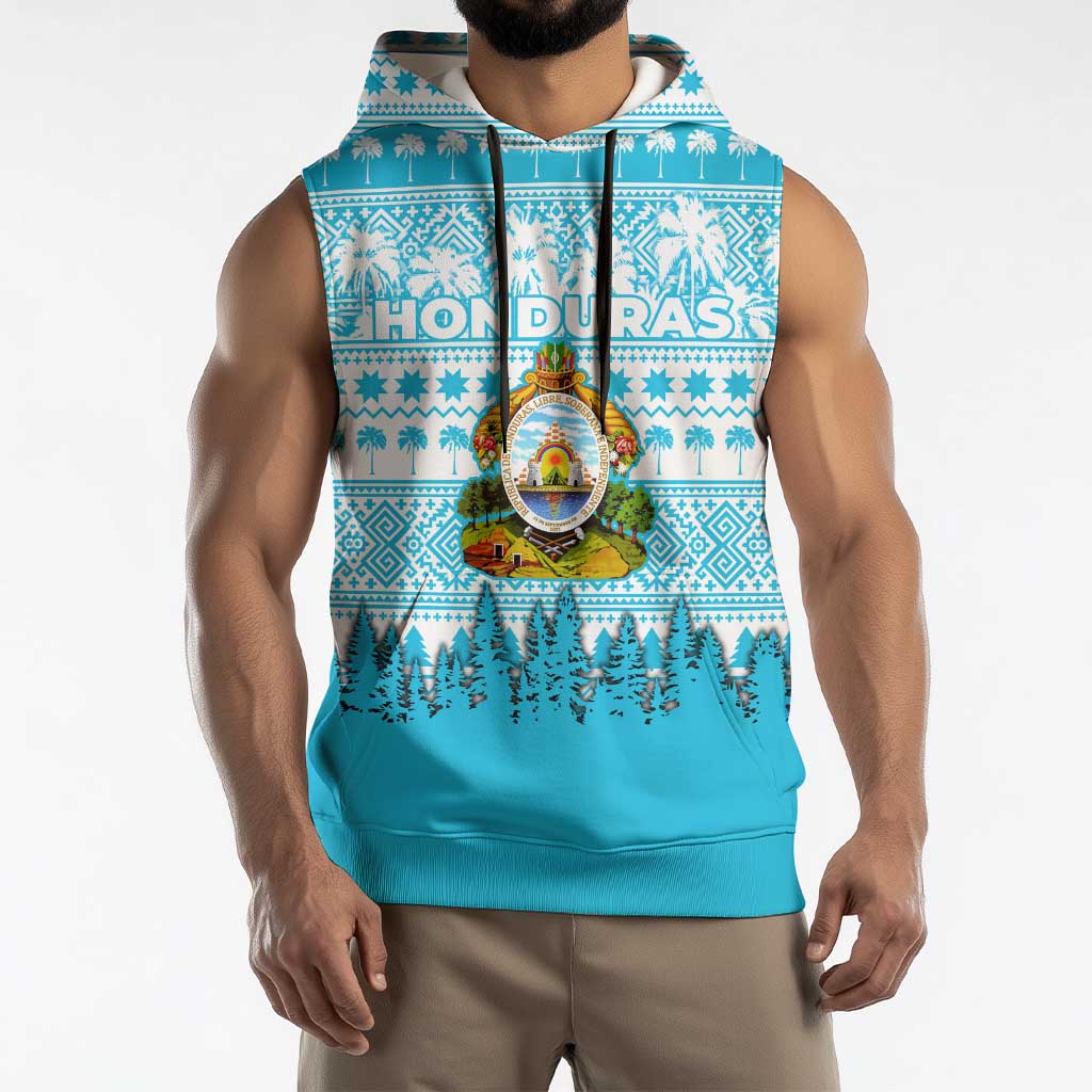 Honduras Christmas Sleeveless Hoodie with National Emblem Palm Trees and Snowflake Pattern Design - Wonder Print Shop