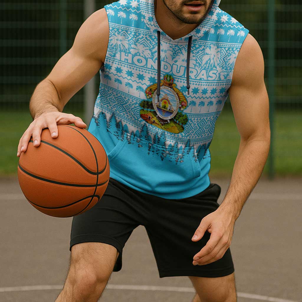Honduras Christmas Sleeveless Hoodie with National Emblem Palm Trees and Snowflake Pattern Design - Wonder Print Shop
