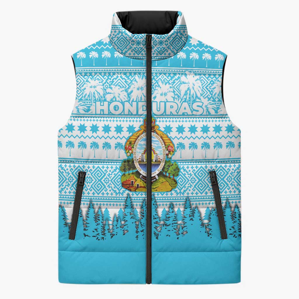 Honduras Christmas Sleeveless Puffer Jacket with National Emblem Palm Trees and Snowflake Pattern Design - Wonder Print Shop