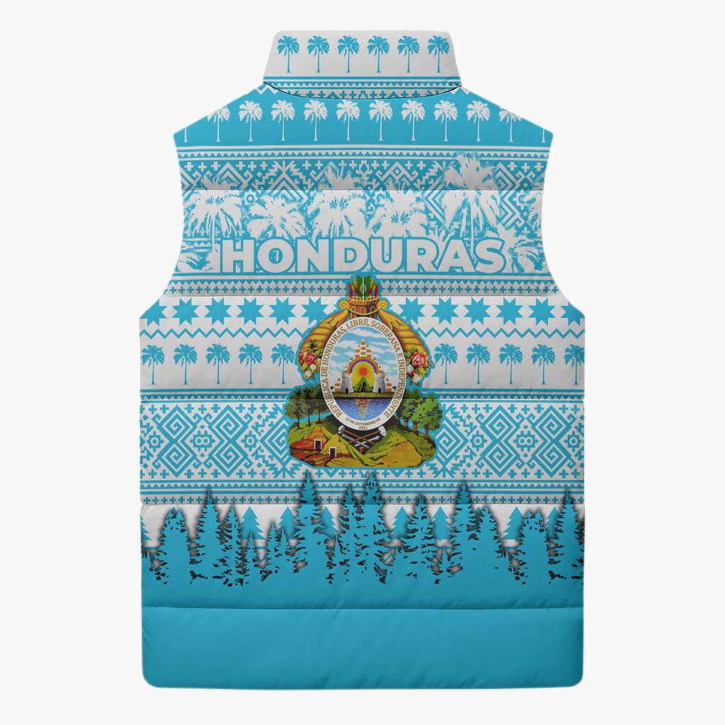 Honduras Christmas Sleeveless Puffer Jacket with National Emblem Palm Trees and Snowflake Pattern Design - Wonder Print Shop