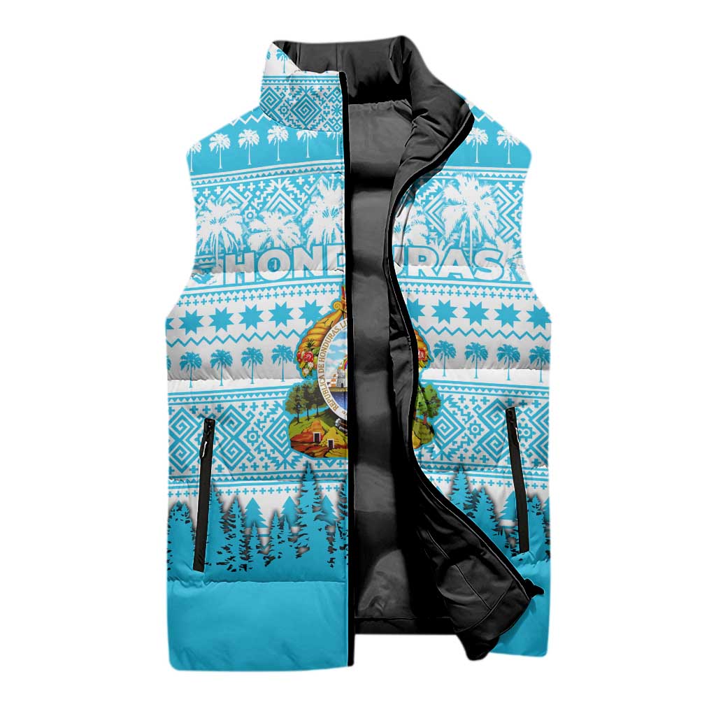 Honduras Christmas Sleeveless Puffer Jacket with National Emblem Palm Trees and Snowflake Pattern Design - Wonder Print Shop