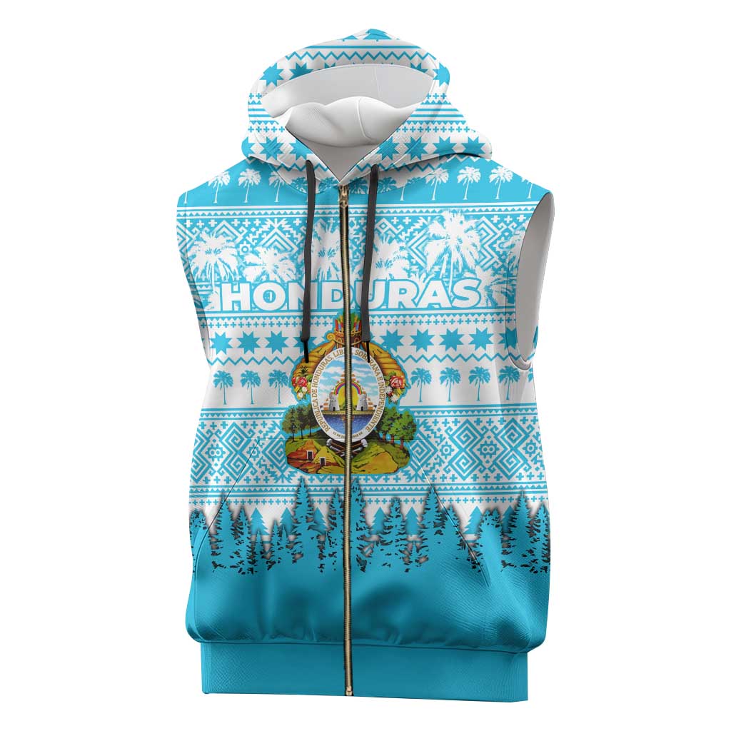 Honduras Christmas Sleeveless Zip Hoodie with National Emblem Palm Trees and Snowflake Pattern Design - Wonder Print Shop