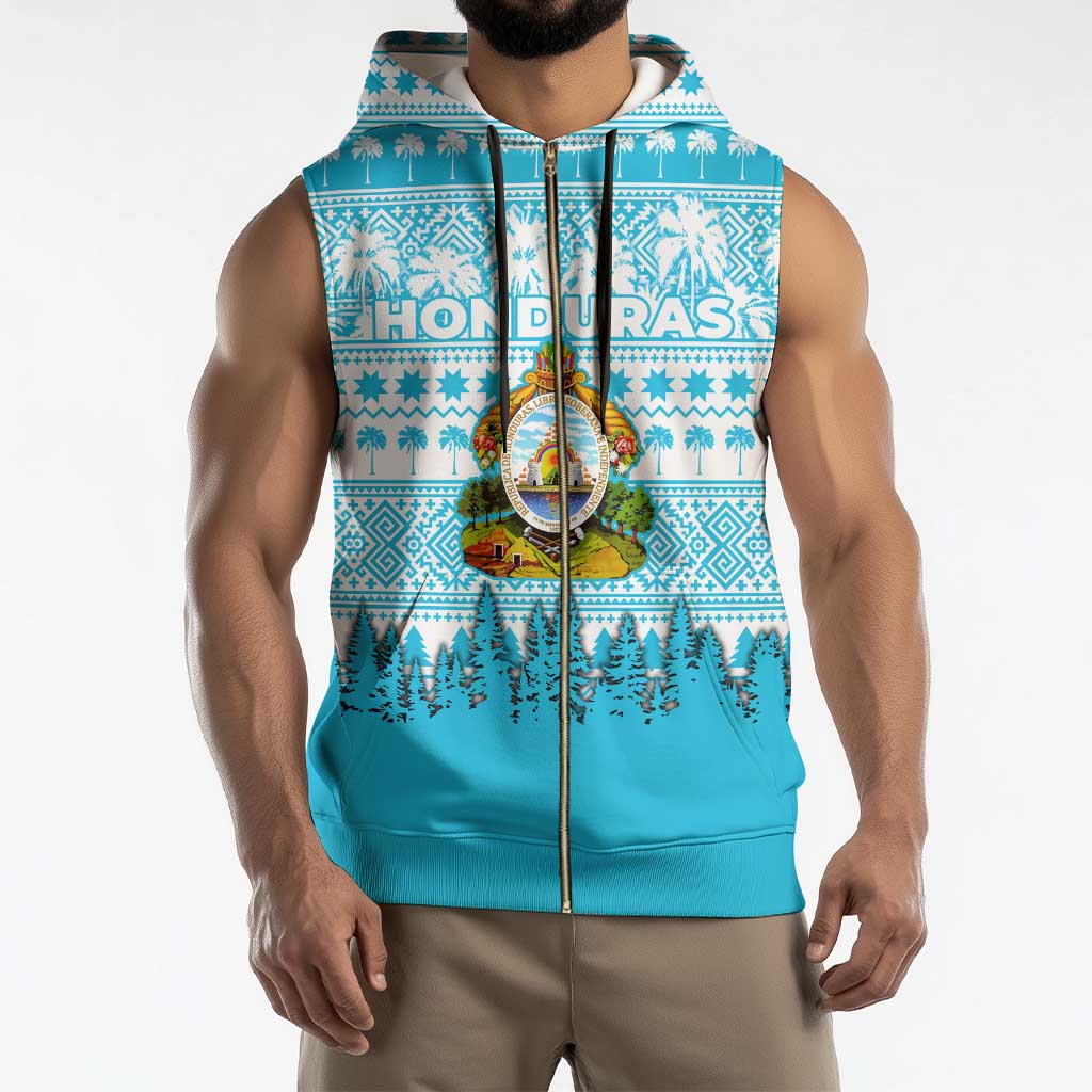 Honduras Christmas Sleeveless Zip Hoodie with National Emblem Palm Trees and Snowflake Pattern Design - Wonder Print Shop