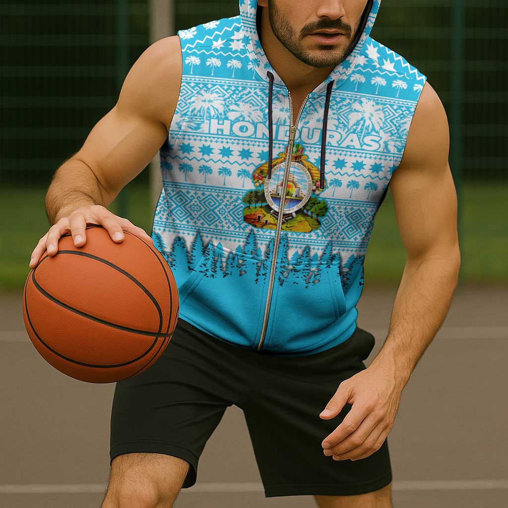 Honduras Christmas Sleeveless Zip Hoodie with National Emblem Palm Trees and Snowflake Pattern Design - Wonder Print Shop