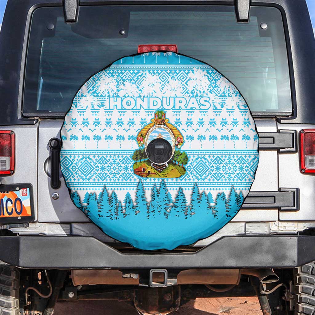 Honduras Christmas Spare Tire Cover with National Emblem Palm Trees and Snowflake Pattern Design - Wonder Print Shop