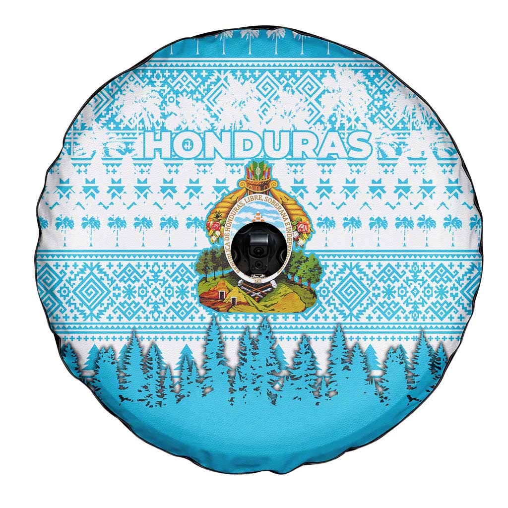 Honduras Christmas Spare Tire Cover with National Emblem Palm Trees and Snowflake Pattern Design - Wonder Print Shop