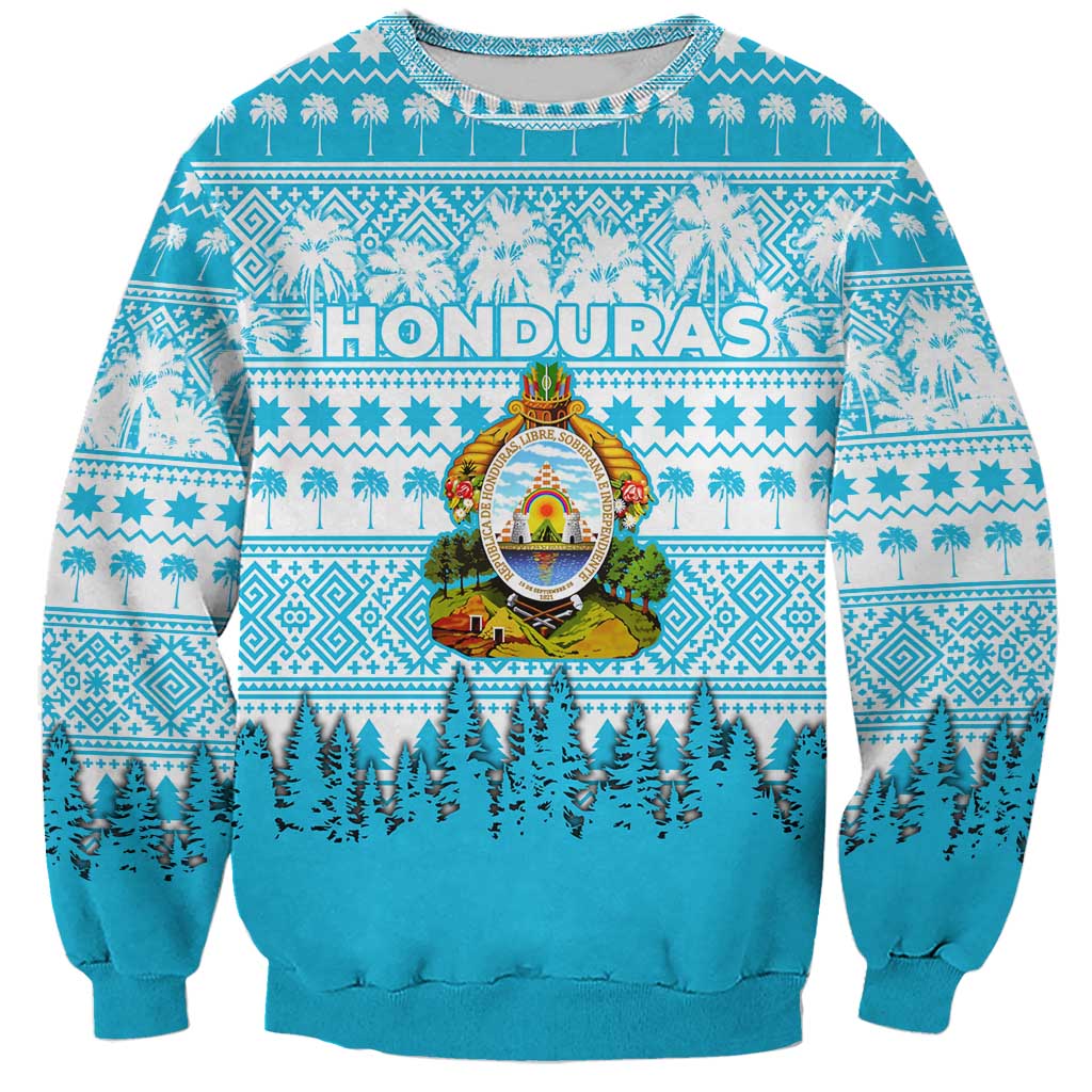 Honduras Christmas Sweatshirt with National Emblem Palm Trees and Snowflake Pattern Design - Wonder Print Shop