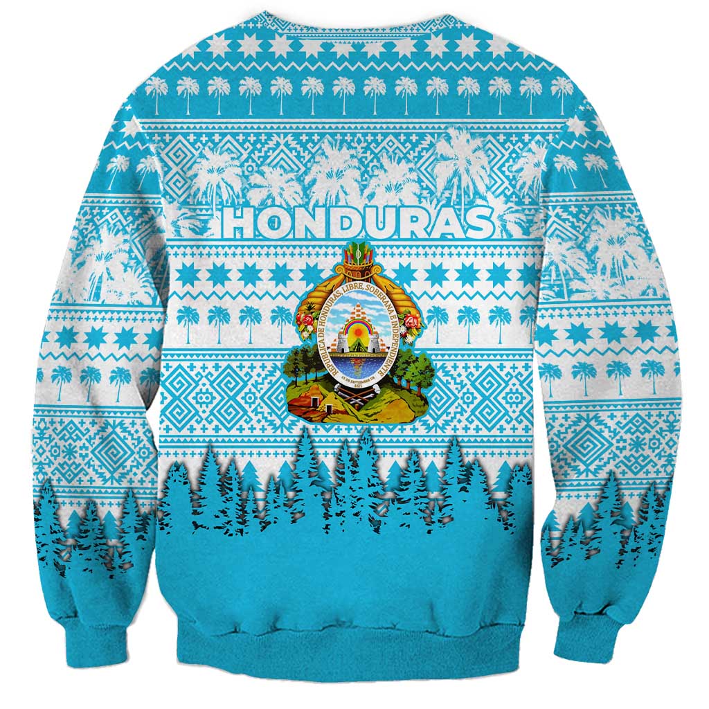 Honduras Christmas Sweatshirt with National Emblem Palm Trees and Snowflake Pattern Design - Wonder Print Shop
