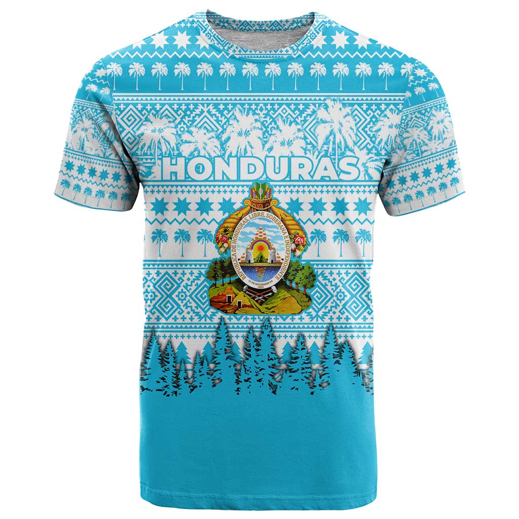 Honduras Christmas T Shirt with National Emblem Palm Trees and Snowflake Pattern Design - Wonder Print Shop