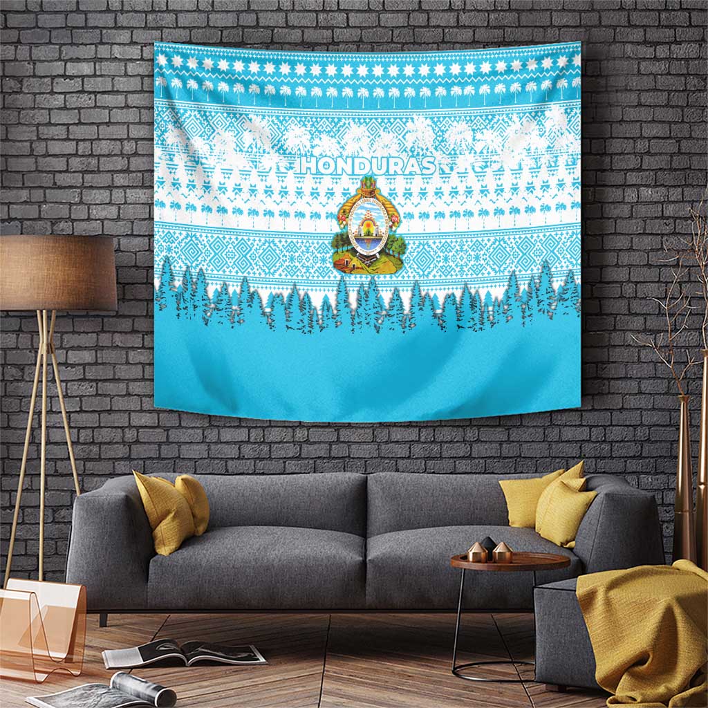 Honduras Christmas Tapestry with National Emblem Palm Trees and Snowflake Pattern Design - Wonder Print Shop