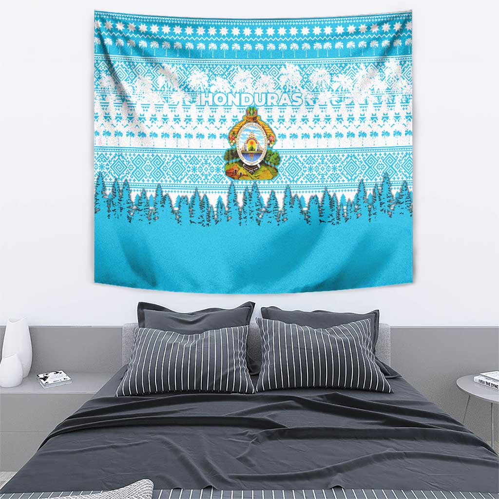 Honduras Christmas Tapestry with National Emblem Palm Trees and Snowflake Pattern Design - Wonder Print Shop