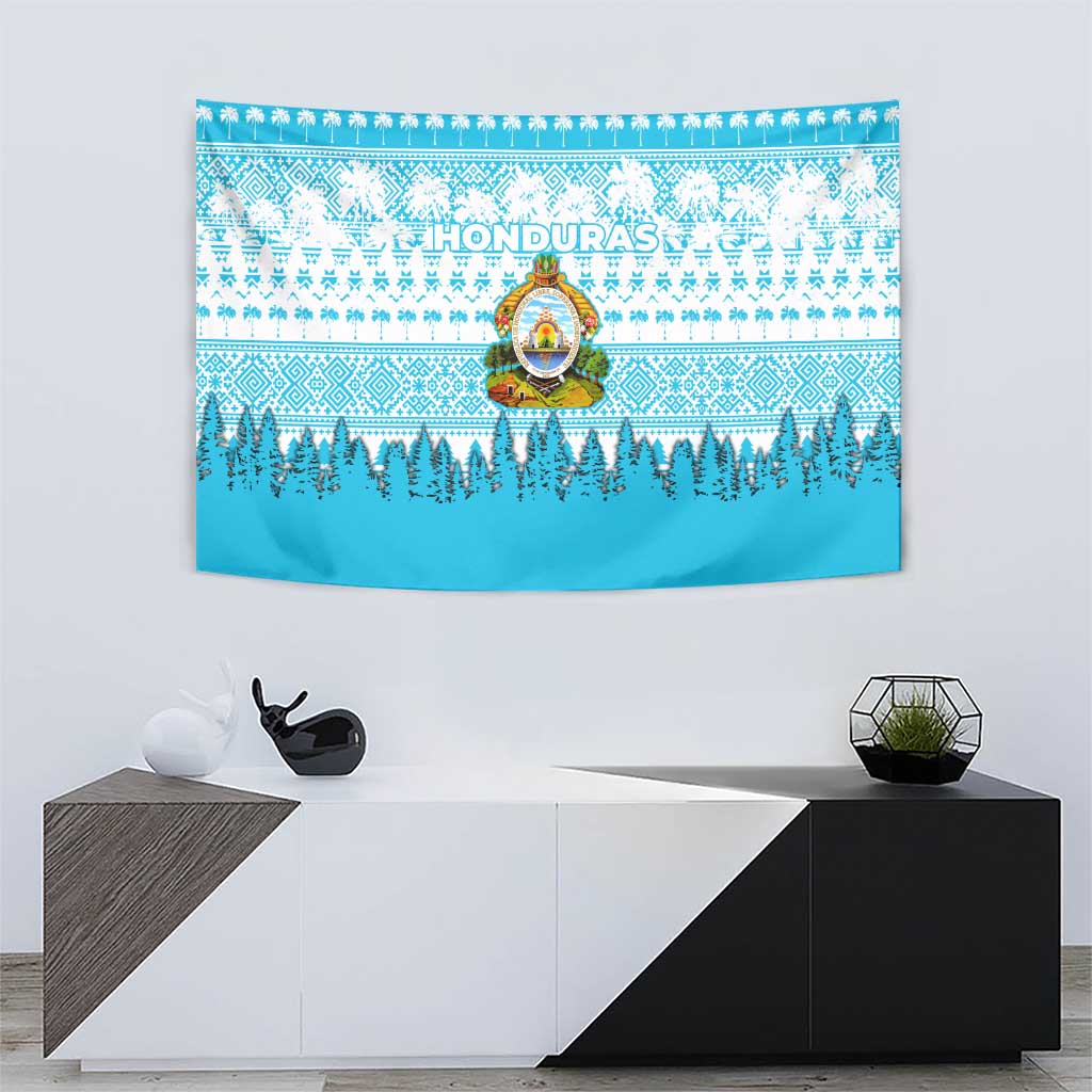 Honduras Christmas Tapestry with National Emblem Palm Trees and Snowflake Pattern Design - Wonder Print Shop