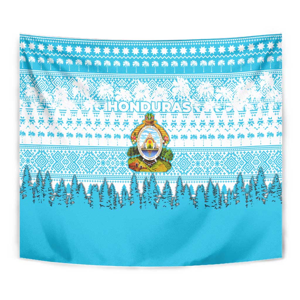 Honduras Christmas Tapestry with National Emblem Palm Trees and Snowflake Pattern Design - Wonder Print Shop