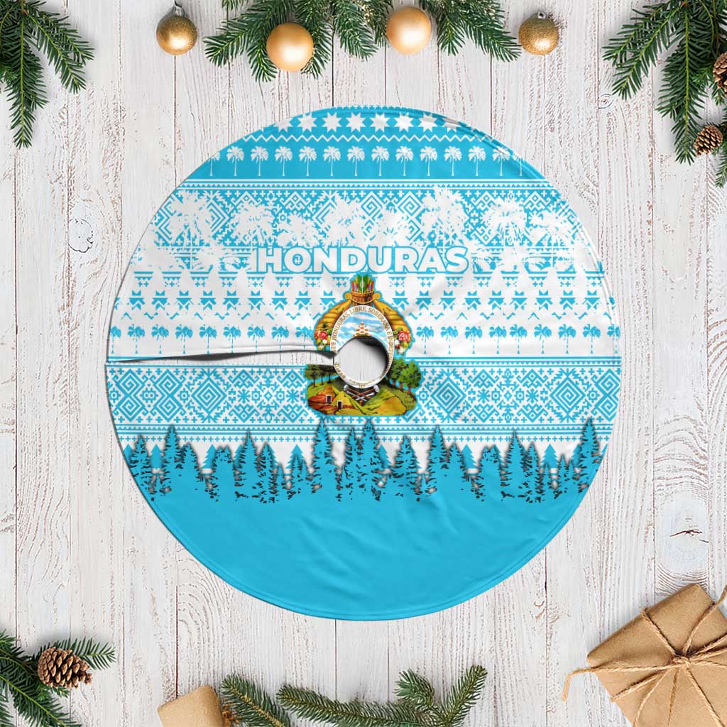 Honduras Christmas Tree Skirt with National Emblem Palm Trees and Snowflake Pattern Design - Wonder Print Shop