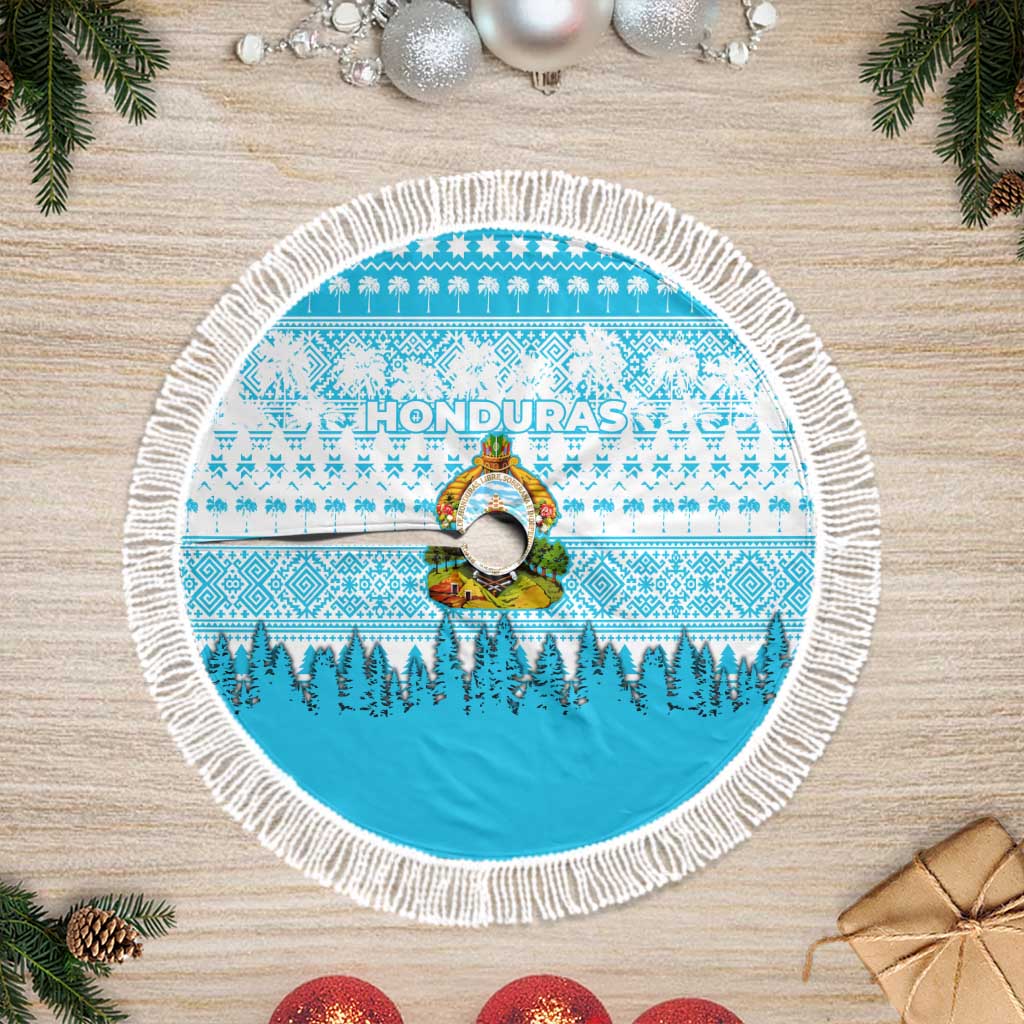 Honduras Christmas Tree Skirt with National Emblem Palm Trees and Snowflake Pattern Design - Wonder Print Shop