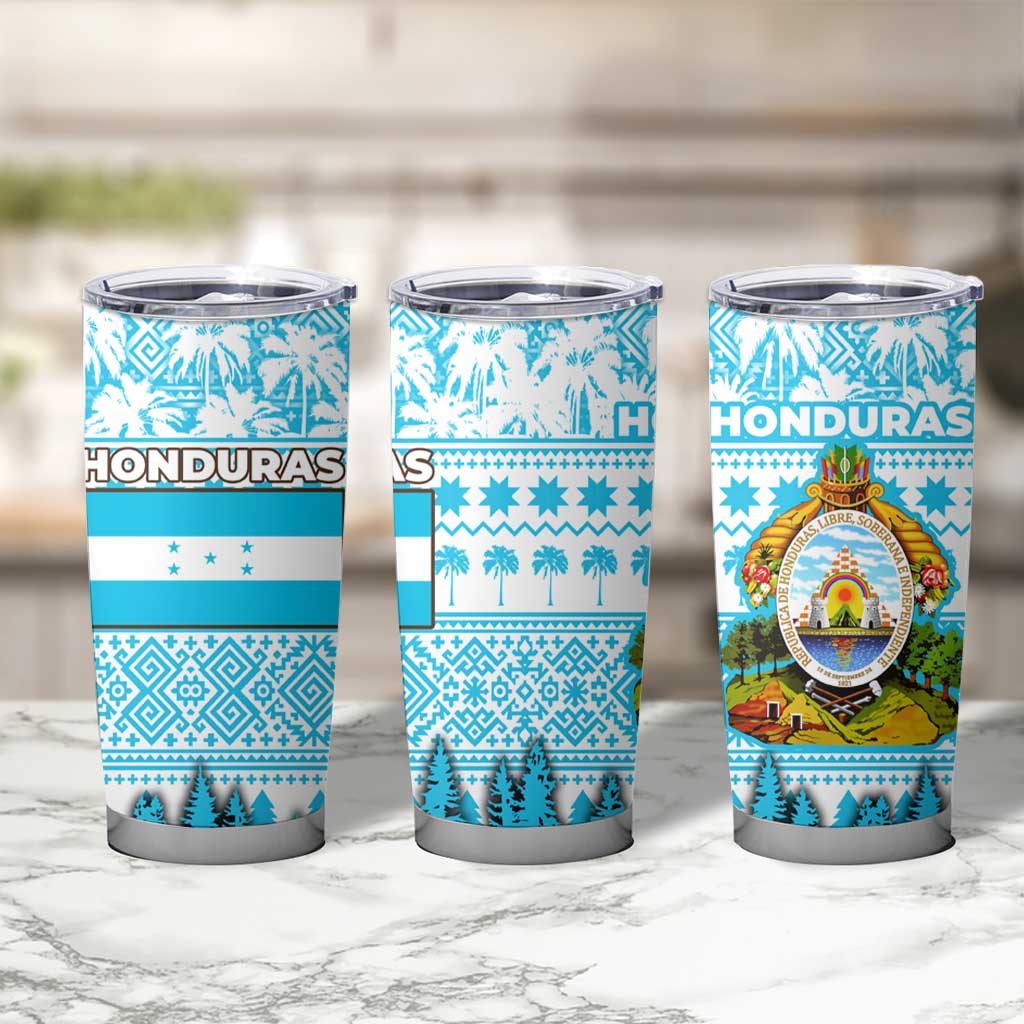 Honduras Christmas Tumbler Cup with National Emblem Palm Trees and Snowflake Pattern Design - Wonder Print Shop
