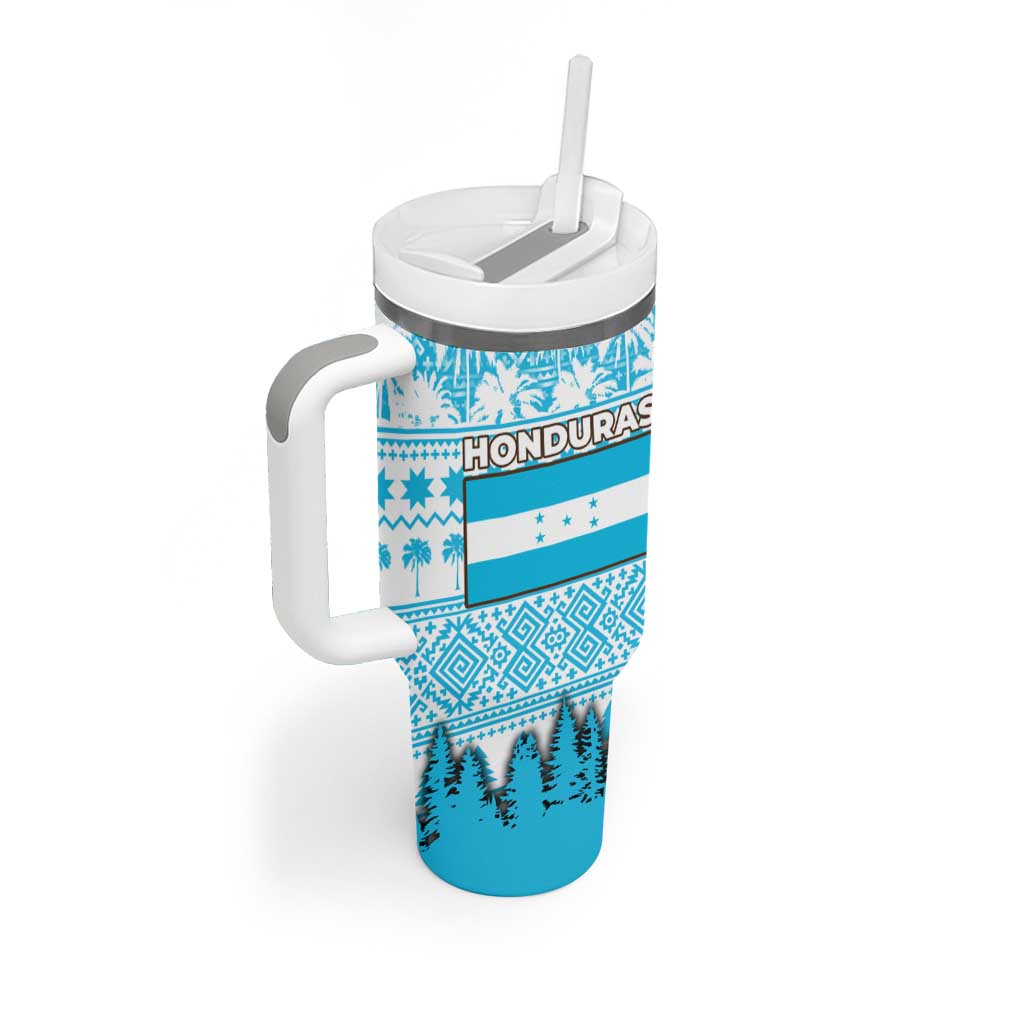 Honduras Christmas Tumbler With Handle with National Emblem Palm Trees and Snowflake Pattern Design - Wonder Print Shop