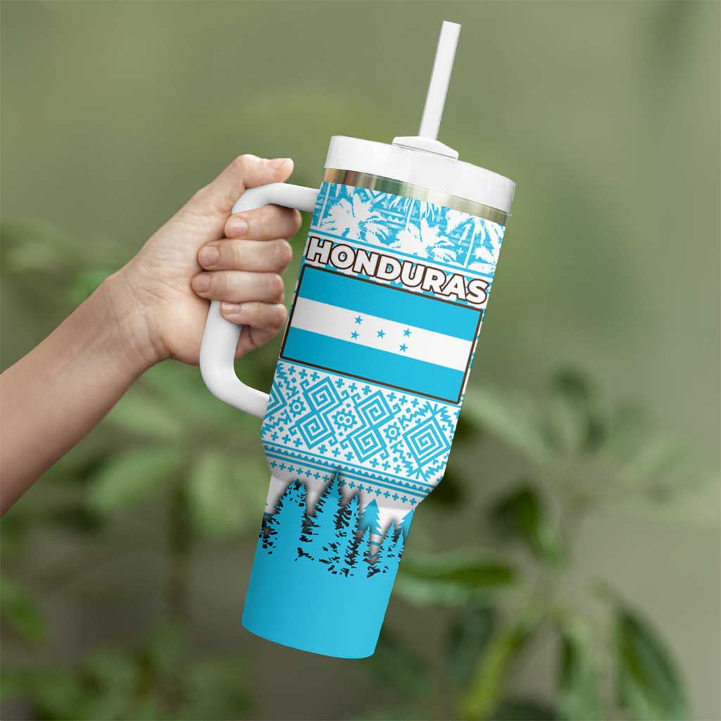 Honduras Christmas Tumbler With Handle with National Emblem Palm Trees and Snowflake Pattern Design - Wonder Print Shop