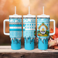 Honduras Christmas Tumbler With Handle with National Emblem Palm Trees and Snowflake Pattern Design - Wonder Print Shop