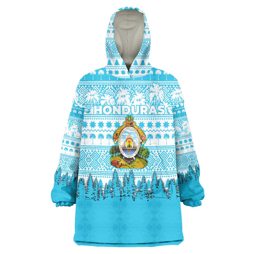 Honduras Christmas Wearable Blanket Hoodie with National Emblem Palm Trees and Snowflake Pattern Design - Wonder Print Shop