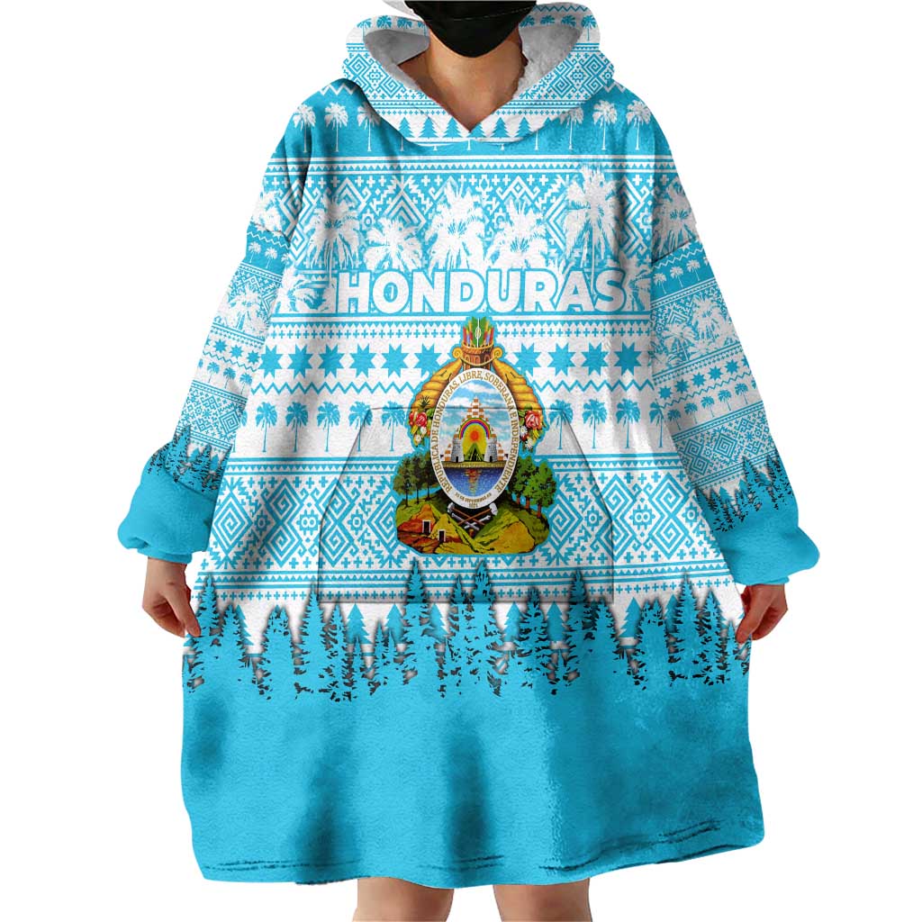 Honduras Christmas Wearable Blanket Hoodie with National Emblem Palm Trees and Snowflake Pattern Design - Wonder Print Shop