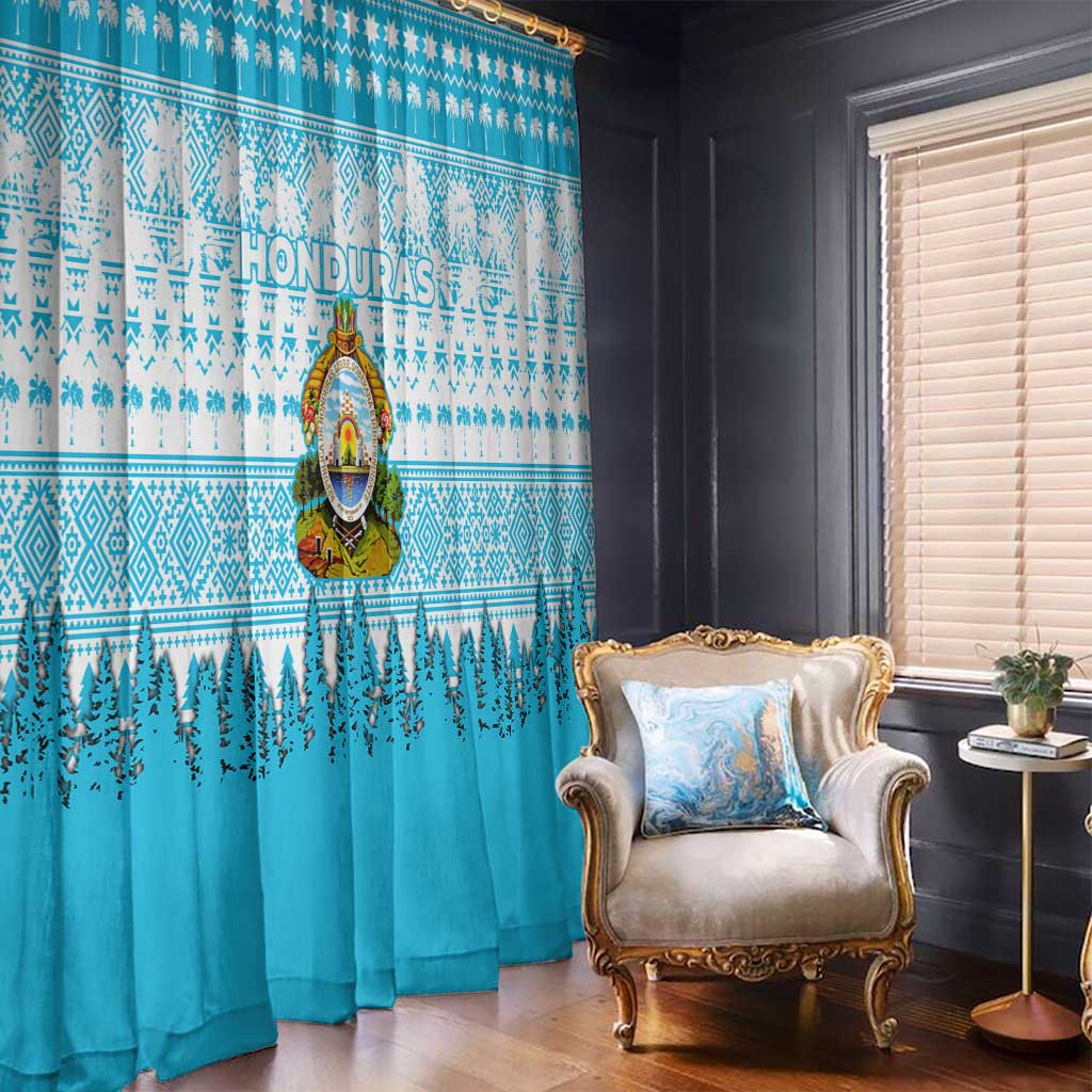 Honduras Christmas Window Curtain with National Emblem Palm Trees and Snowflake Pattern Design - Wonder Print Shop