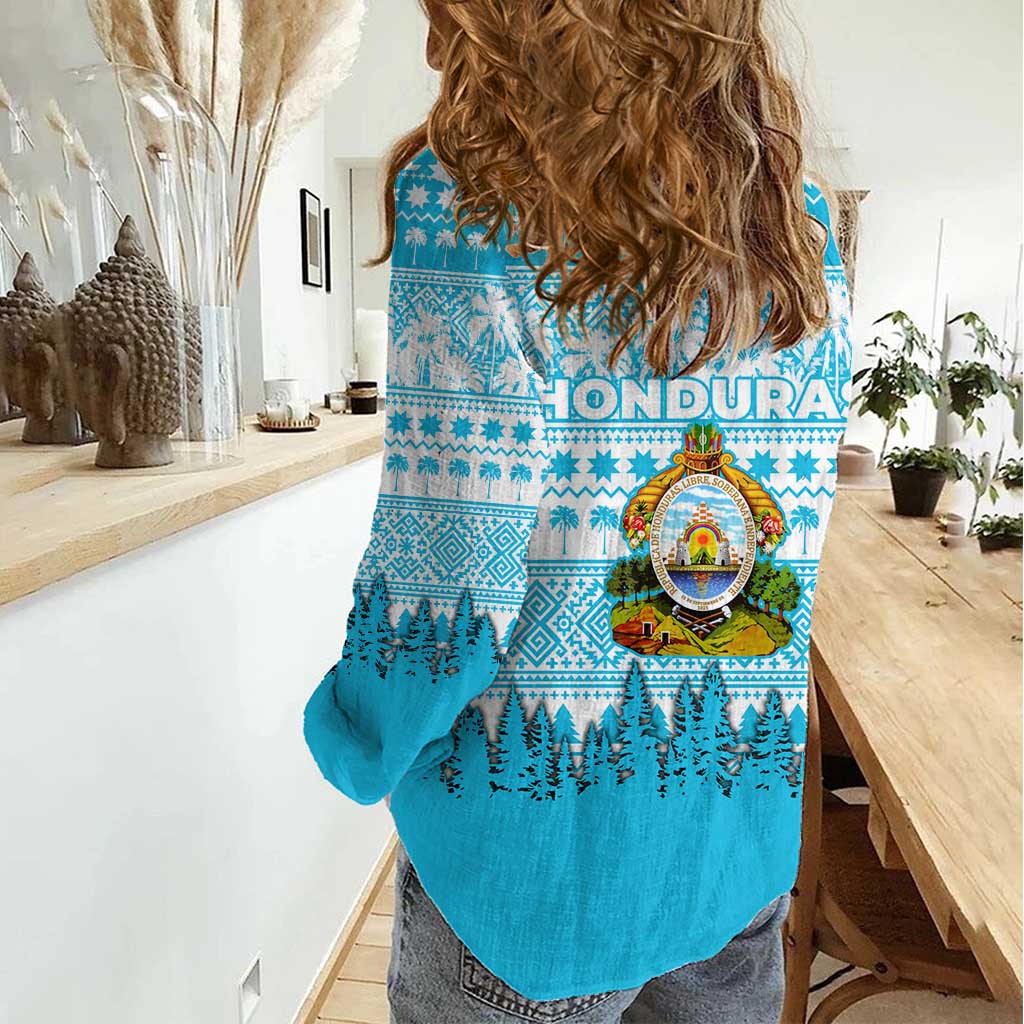 Honduras Christmas Women Casual Shirt with National Emblem Palm Trees and Snowflake Pattern Design - Wonder Print Shop