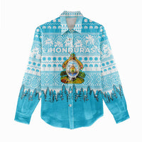 Honduras Christmas Women Casual Shirt with National Emblem Palm Trees and Snowflake Pattern Design - Wonder Print Shop