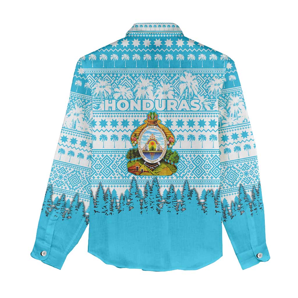 Honduras Christmas Women Casual Shirt with National Emblem Palm Trees and Snowflake Pattern Design - Wonder Print Shop