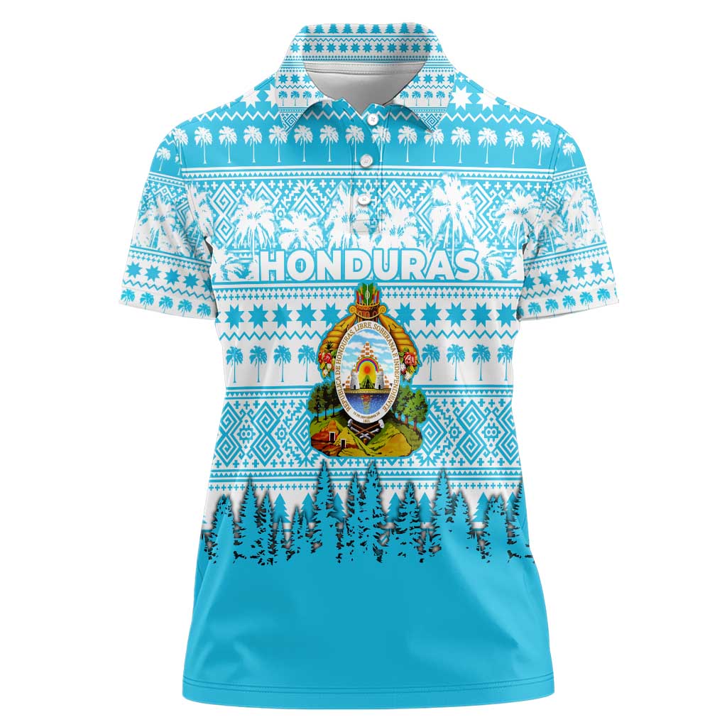 Honduras Christmas Women Polo Shirt with National Emblem Palm Trees and Snowflake Pattern Design - Wonder Print Shop