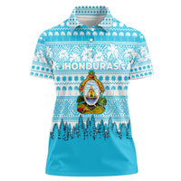 Honduras Christmas Women Polo Shirt with National Emblem Palm Trees and Snowflake Pattern Design - Wonder Print Shop