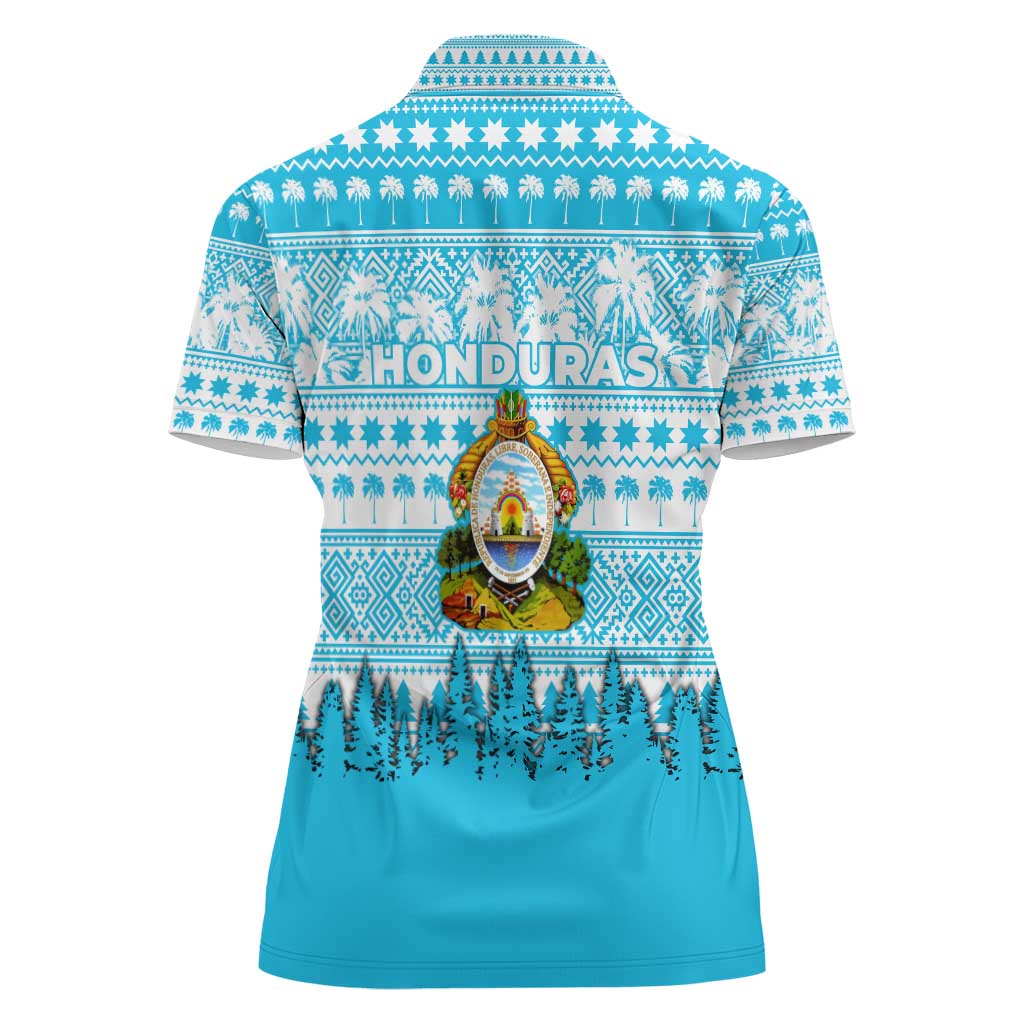 Honduras Christmas Women Polo Shirt with National Emblem Palm Trees and Snowflake Pattern Design - Wonder Print Shop