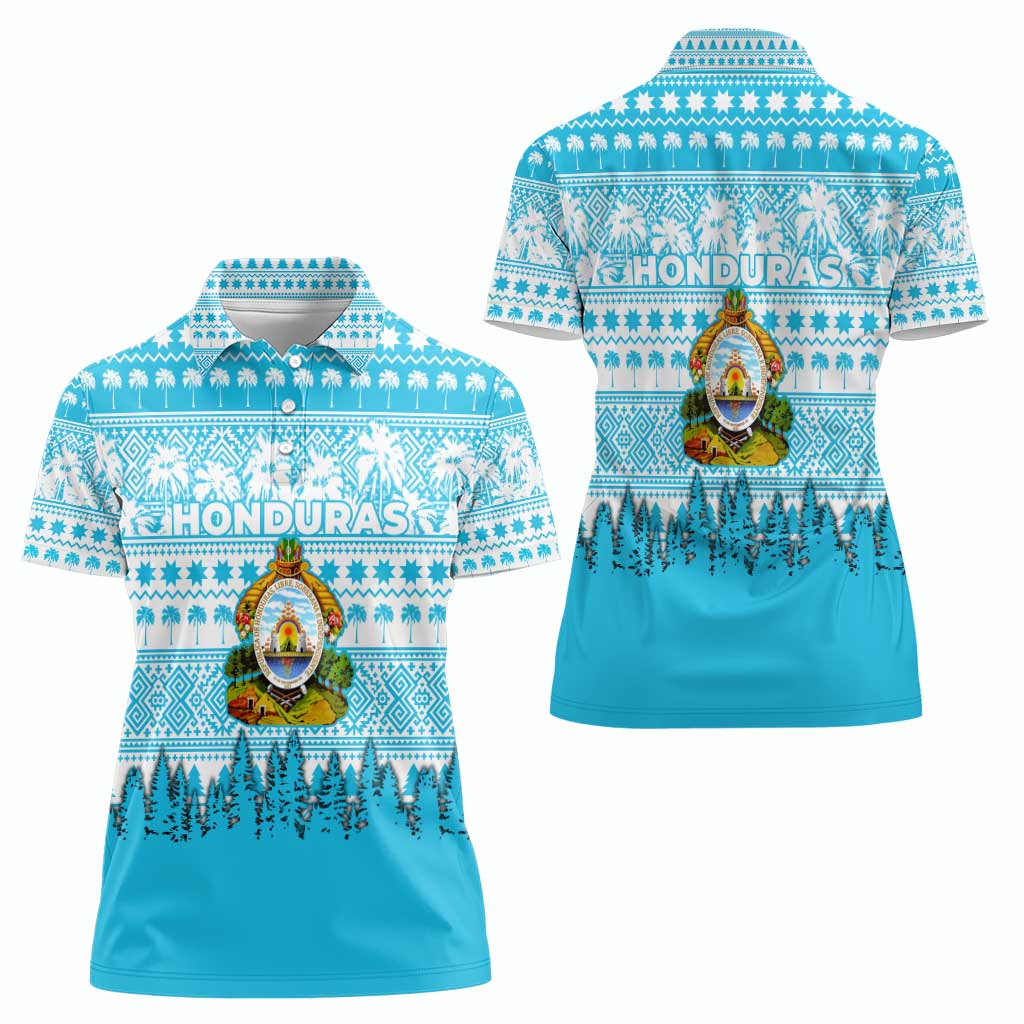 Honduras Christmas Women Polo Shirt with National Emblem Palm Trees and Snowflake Pattern Design - Wonder Print Shop